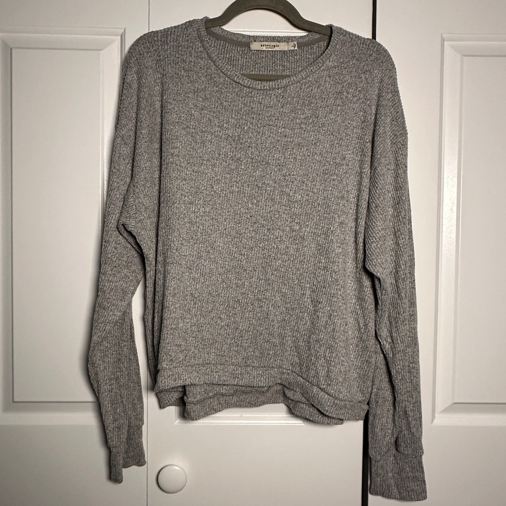 Astrologie California Womens Grey Ribbed Knit Crossover Hem Long Sleeve Top L